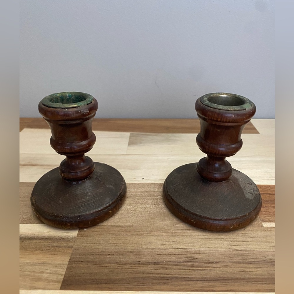 Set of 2 vintage wood candle stick holders